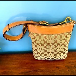 Coach monogram print leather trimmed shoulder bag